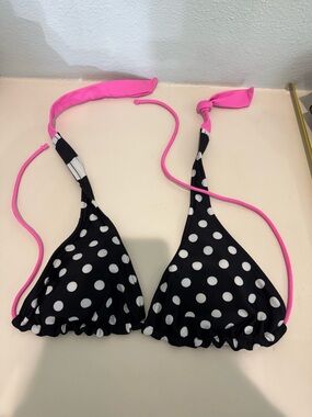 Black & White Polka Dot/stripes Triangle Bikini Top with Pink Ties